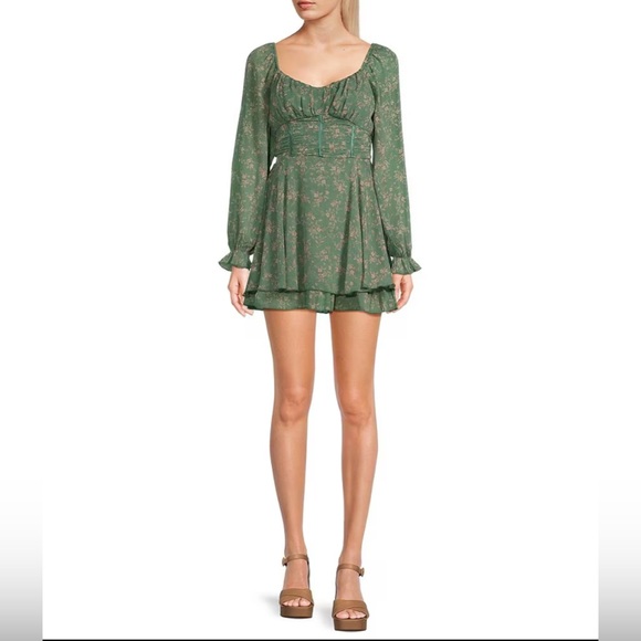 Allison & Kelly Dresses & Skirts - Alison and Kelly Off The Shoulder Mini Corset Green Floral Long Sleeve Dress M